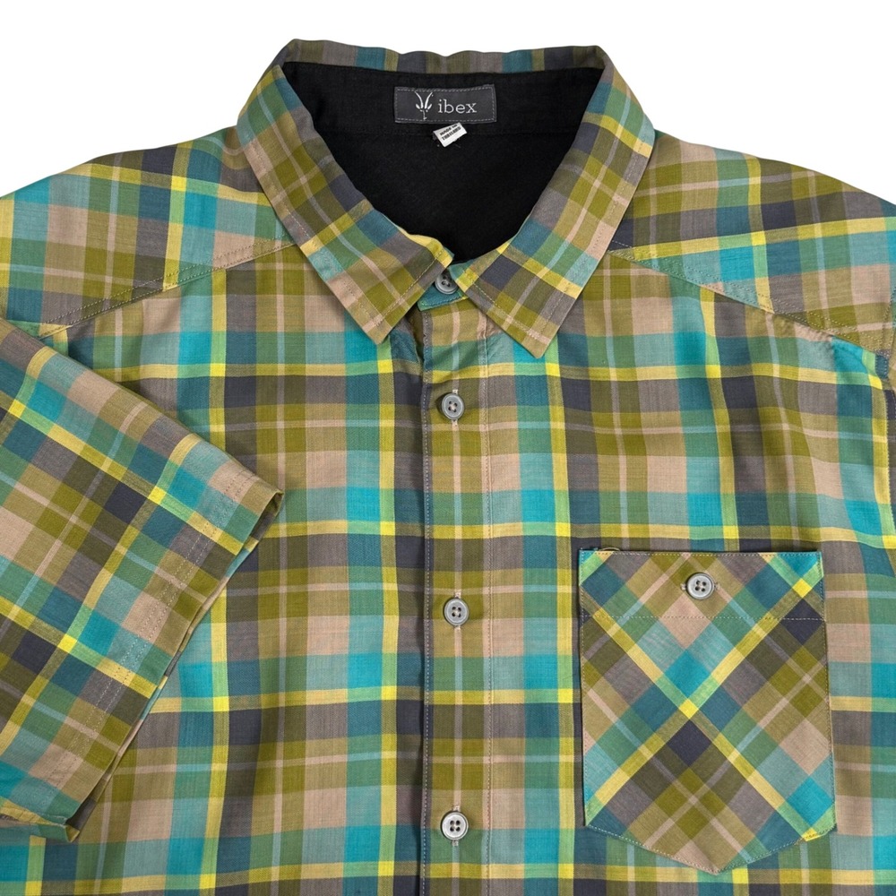 Ibex 100% Wool Short Sleeve Everglades Plaid Button Down Shirt Green Mens L FLAW